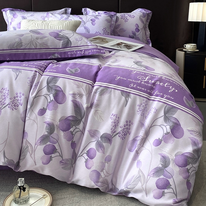 91家纺网 家纺一手货源 找家纺 曲之慕 2025直播爆款纯棉磨毛 高克重加厚全棉磨毛印花四件套 秋实-紫