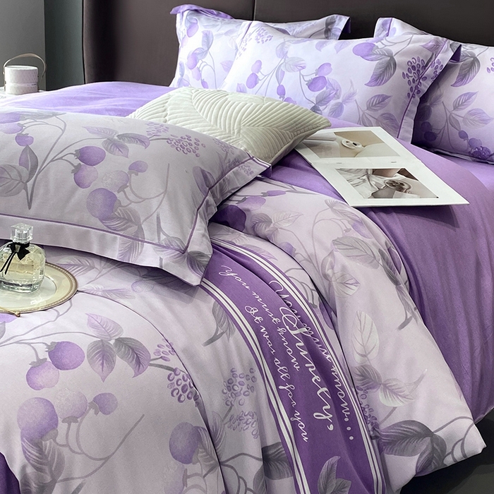 91家纺网 家纺一手货源 找家纺 曲之慕 2025直播爆款纯棉磨毛 高克重加厚全棉磨毛印花四件套 秋实-紫