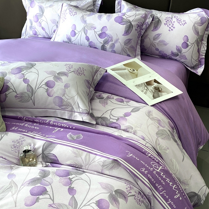 91家纺网 家纺一手货源 找家纺 曲之慕 2025直播爆款纯棉磨毛 高克重加厚全棉磨毛印花四件套 秋实-紫