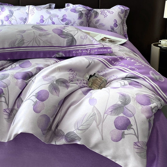 91家纺网 家纺一手货源 找家纺 曲之慕 2025直播爆款纯棉磨毛 高克重加厚全棉磨毛印花四件套 秋实-紫