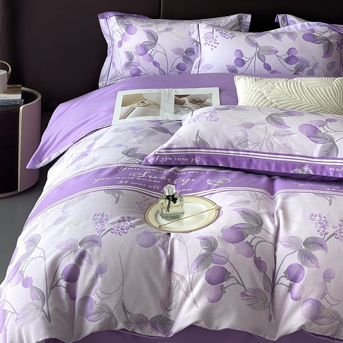 91家纺网 家纺一手货源 找家纺 曲之慕 2025直播爆款纯棉磨毛 高克重加厚全棉磨毛印花四件套 秋实-紫