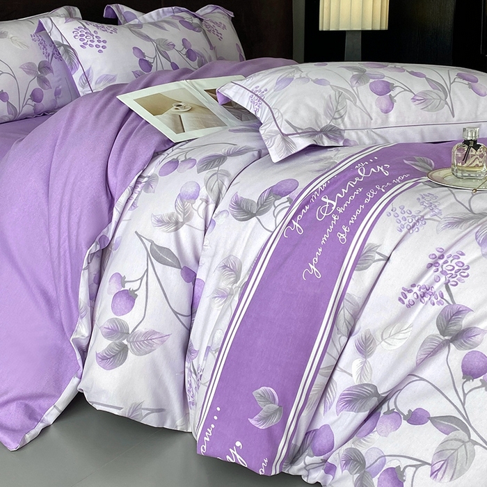 91家纺网 家纺一手货源 找家纺 曲之慕 2025直播爆款纯棉磨毛 高克重加厚全棉磨毛印花四件套 秋实-紫