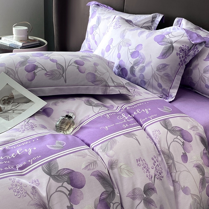 91家纺网 家纺一手货源 找家纺 曲之慕 2025直播爆款纯棉磨毛 高克重加厚全棉磨毛印花四件套 秋实-紫