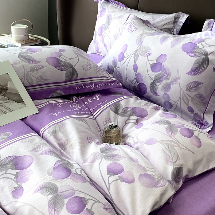 91家纺网 家纺一手货源 找家纺 曲之慕 2025直播爆款纯棉磨毛 高克重加厚全棉磨毛印花四件套 秋实-紫