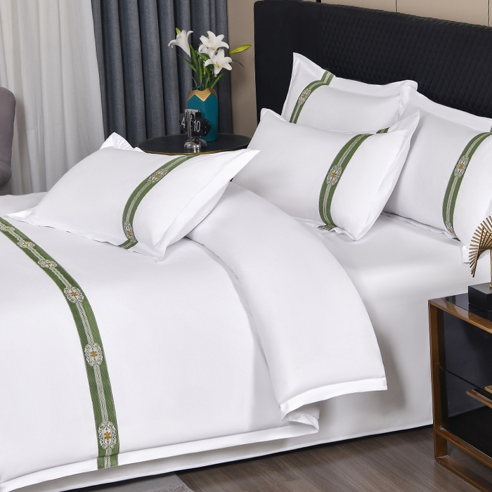 91家纺网 家纺一手货源 找家纺 中乾酒店布草工厂店 2025新款120克加密织带款酒店磨毛四件套 翡翠宏图