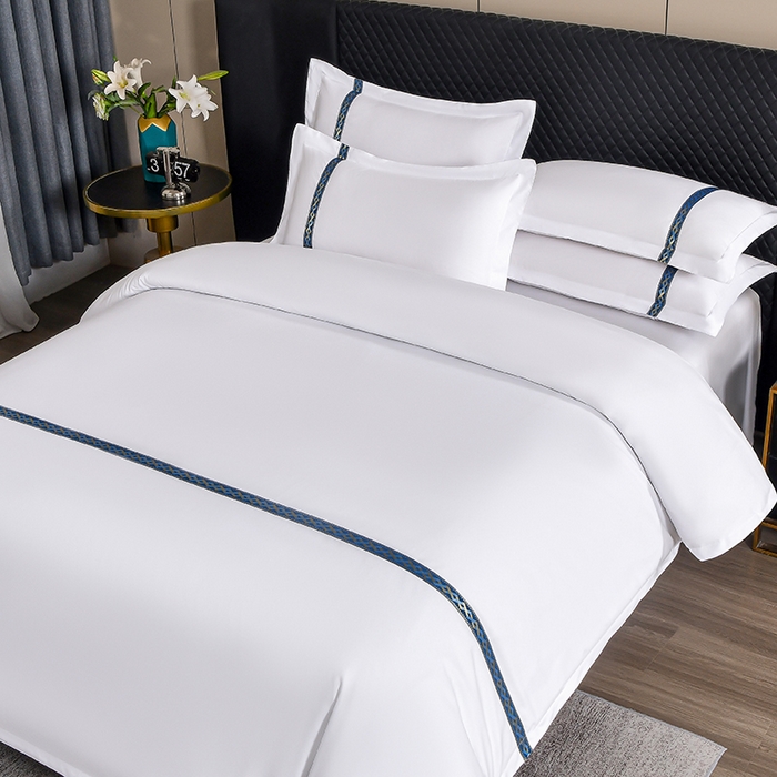 91家纺网 家纺一手货源 找家纺 中乾酒店布草工厂店 2025新款120克加密织带款酒店磨毛四件套 蓝翎阁