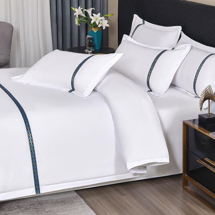 91家纺网 家纺一手货源 找家纺 中乾酒店布草工厂店 2025新款120克加密织带款酒店磨毛四件套 蓝翎阁