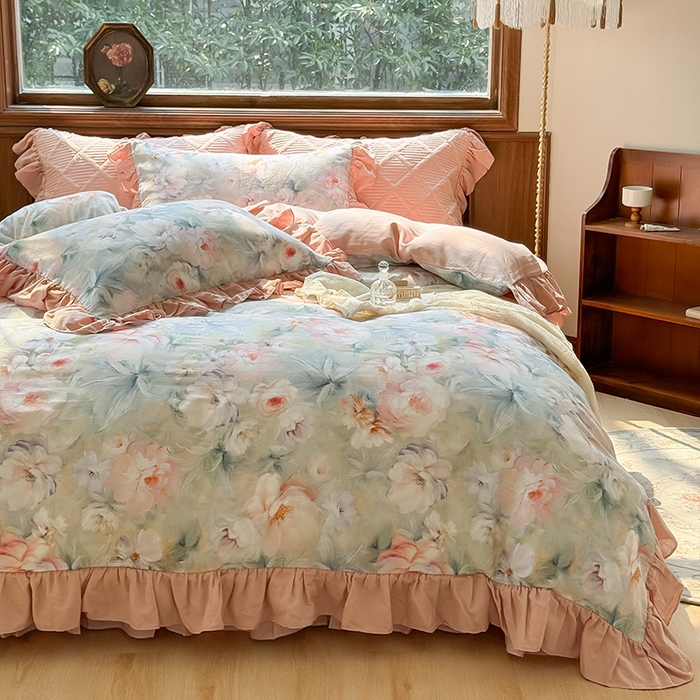 91家纺网 家纺一手货源 找家纺 胜权家纺 2025新款全棉纯棉数码印花双层纱床盖四件套 梵花粉梦