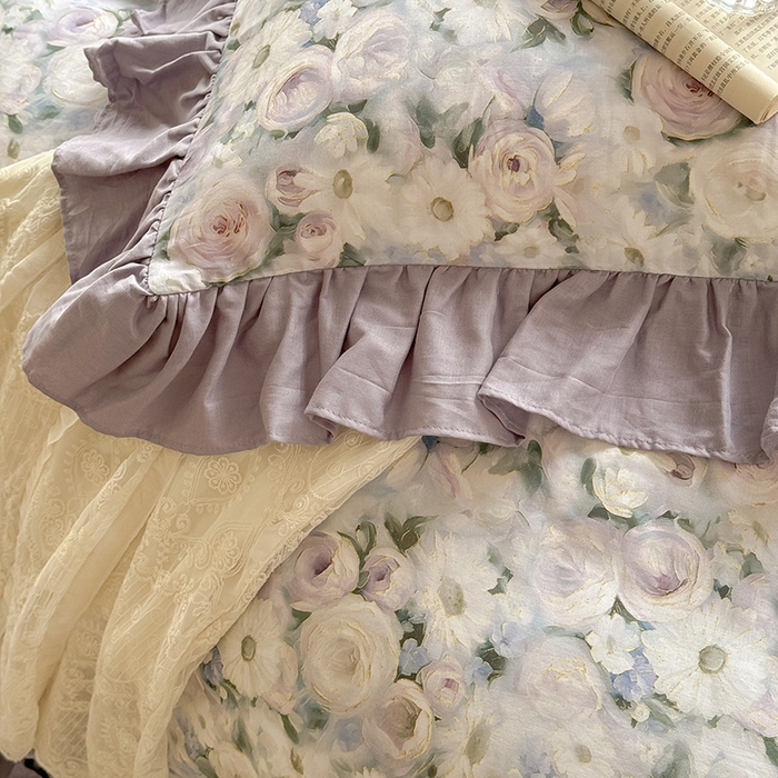 91家纺网 家纺一手货源 找家纺 胜权家纺 2025新款全棉纯棉数码印花双层纱床盖四件套 玫瑰花语