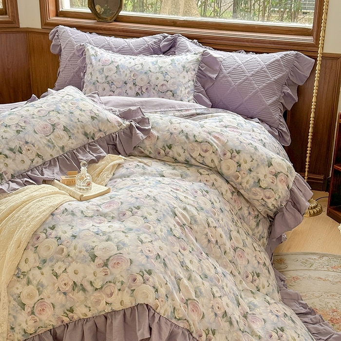91家纺网 家纺一手货源 找家纺 胜权家纺 2025新款全棉纯棉数码印花双层纱床盖四件套 玫瑰花语