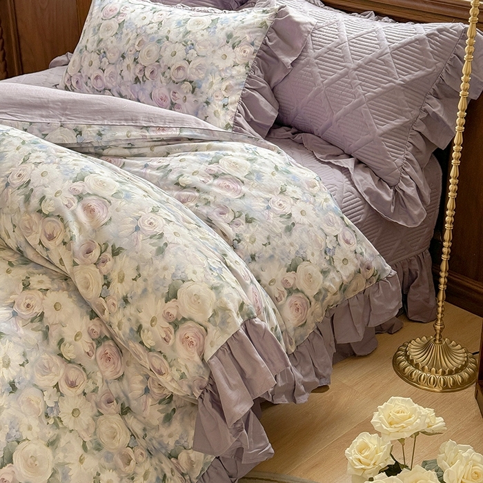 91家纺网 家纺一手货源 找家纺 胜权家纺 2025新款全棉纯棉数码印花双层纱床盖四件套 玫瑰花语