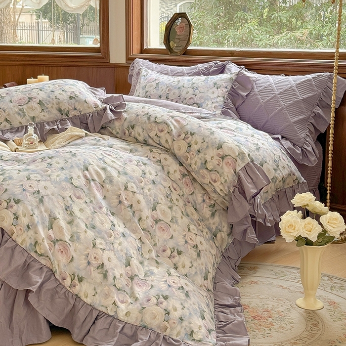 91家纺网 家纺一手货源 找家纺 胜权家纺 2025新款全棉纯棉数码印花双层纱床盖四件套 玫瑰花语