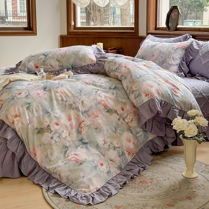 91家纺网 家纺一手货源 找家纺 胜权家纺 2025新款全棉纯棉数码印花双层纱床盖四件套 梵花紫梦