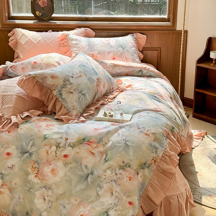 91家纺网 家纺一手货源 找家纺 胜权家纺 2025新款全棉纯棉数码印花双层纱床盖四件套 梵花粉梦