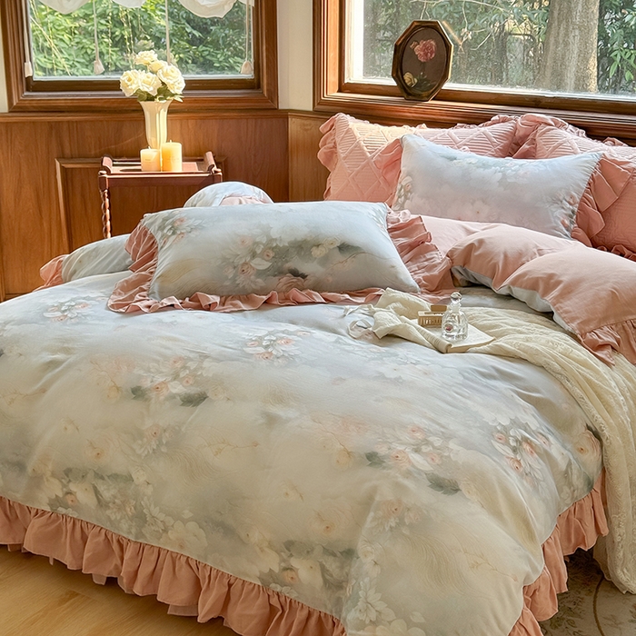 91家纺网 家纺一手货源 找家纺 胜权家纺 2025新款全棉纯棉数码印花双层纱床盖四件套 荷塘月色