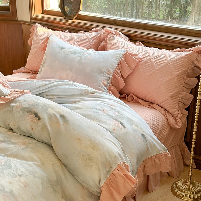 91家纺网 家纺一手货源 找家纺 胜权家纺 2025新款全棉纯棉数码印花双层纱床盖四件套 荷塘月色