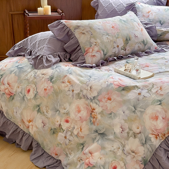 91家纺网 家纺一手货源 找家纺 胜权家纺 2025新款全棉纯棉数码印花双层纱床盖四件套 梵花紫梦