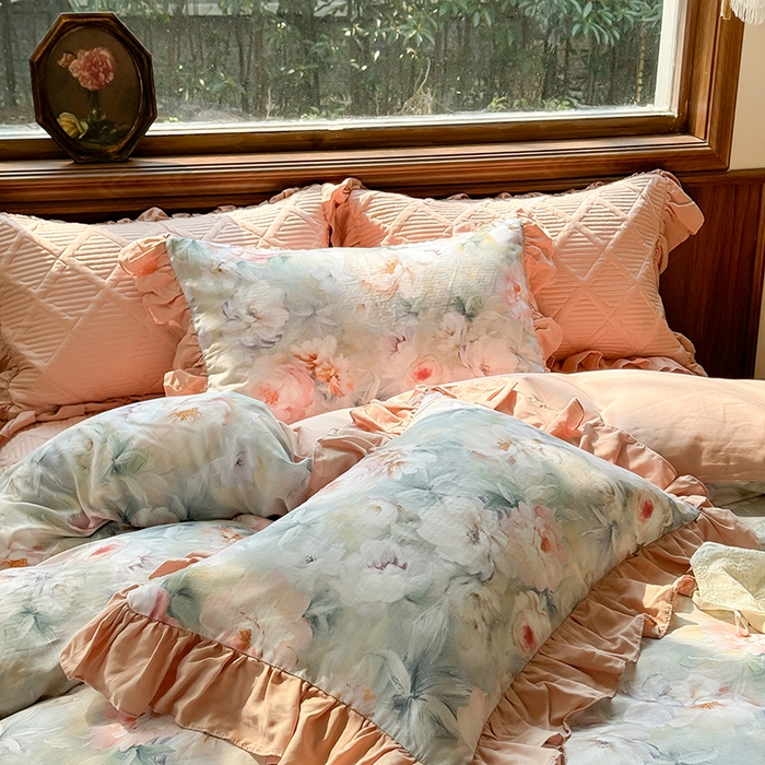 91家纺网 家纺一手货源 找家纺 胜权家纺 2025新款全棉纯棉数码印花双层纱床盖四件套 梵花粉梦