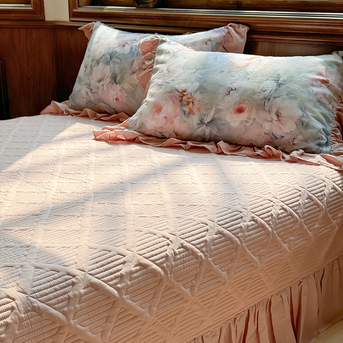 91家纺网 家纺一手货源 找家纺 胜权家纺 2025新款全棉纯棉数码印花双层纱床盖四件套 梵花粉梦