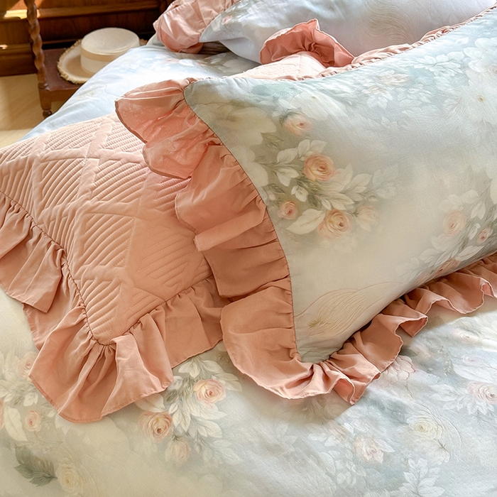 91家纺网 家纺一手货源 找家纺 胜权家纺 2025新款全棉纯棉数码印花双层纱床盖四件套 荷塘月色