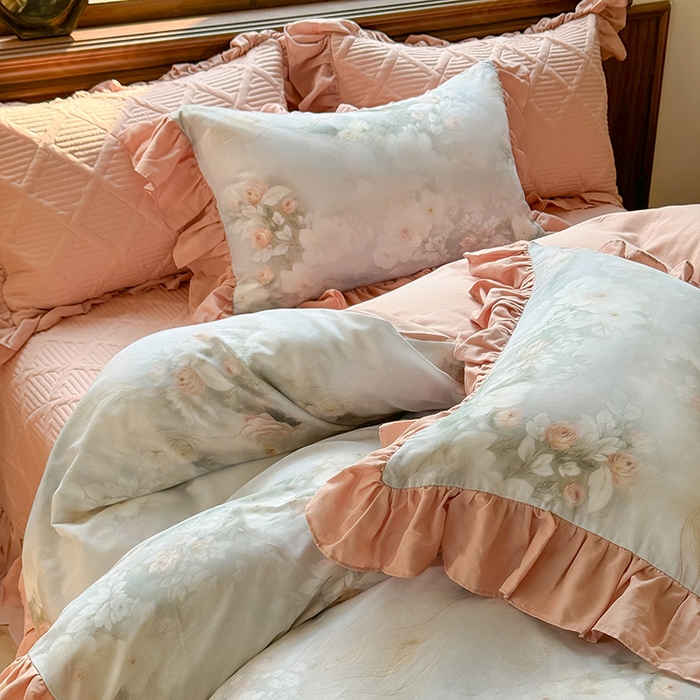 91家纺网 家纺一手货源 找家纺 胜权家纺 2025新款全棉纯棉数码印花双层纱床盖四件套 荷塘月色