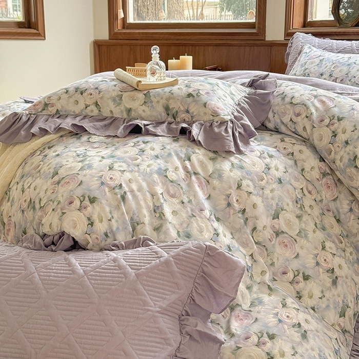 91家纺网 家纺一手货源 找家纺 胜权家纺 2025新款全棉纯棉数码印花双层纱床盖四件套 玫瑰花语