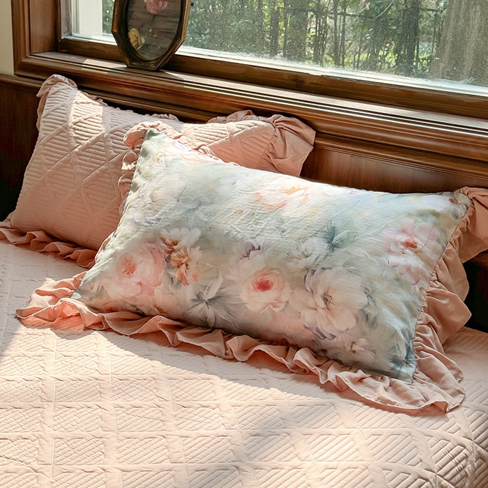 91家纺网 家纺一手货源 找家纺 胜权家纺 2025新款全棉纯棉数码印花双层纱床盖四件套 梵花粉梦