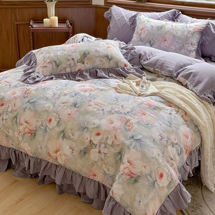 91家纺网 家纺一手货源 找家纺 胜权家纺 2025新款全棉纯棉数码印花双层纱床盖四件套 梵花紫梦