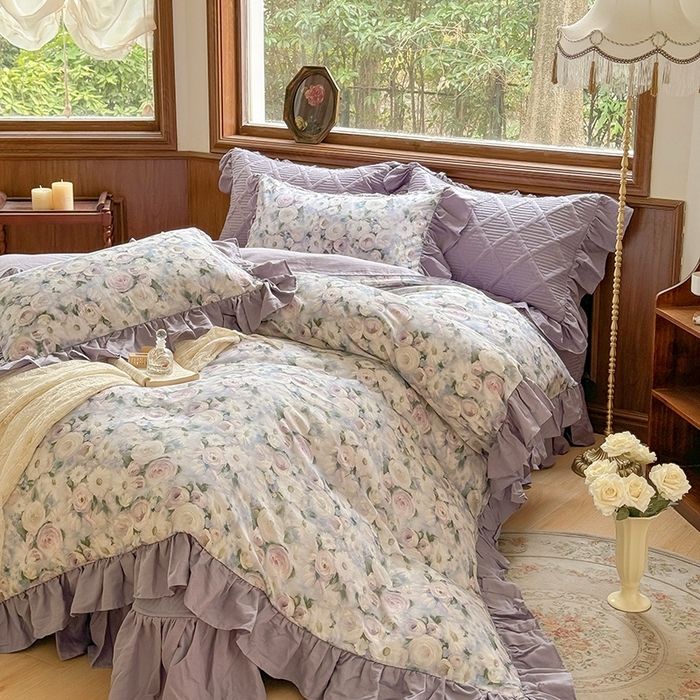 胜权家纺 2025新款全棉纯棉数码印花双层纱床盖四件套 玫瑰花语