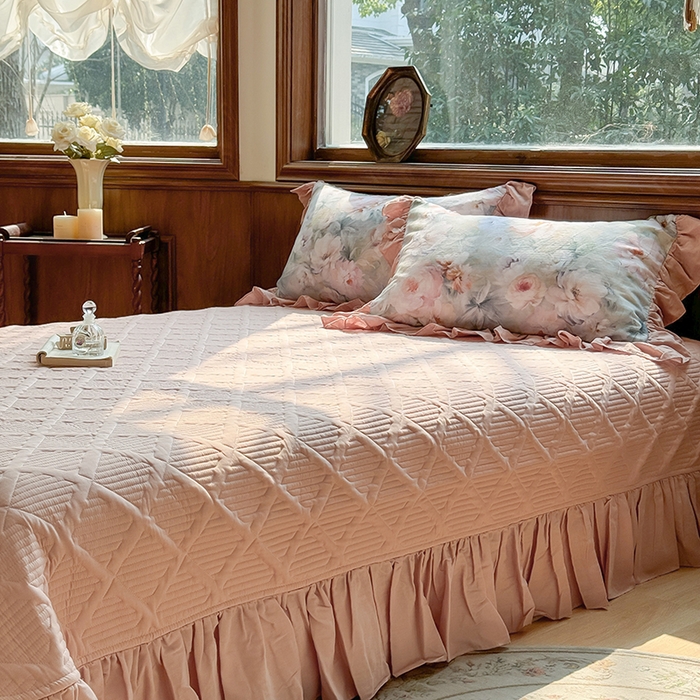 91家纺网 家纺一手货源 找家纺 胜权家纺 2025新款全棉纯棉数码印花双层纱床盖四件套 梵花粉梦