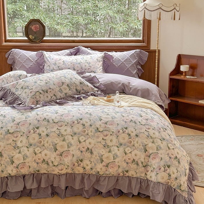 91家纺网 家纺一手货源 找家纺 胜权家纺 2025新款全棉纯棉数码印花双层纱床盖四件套 玫瑰花语