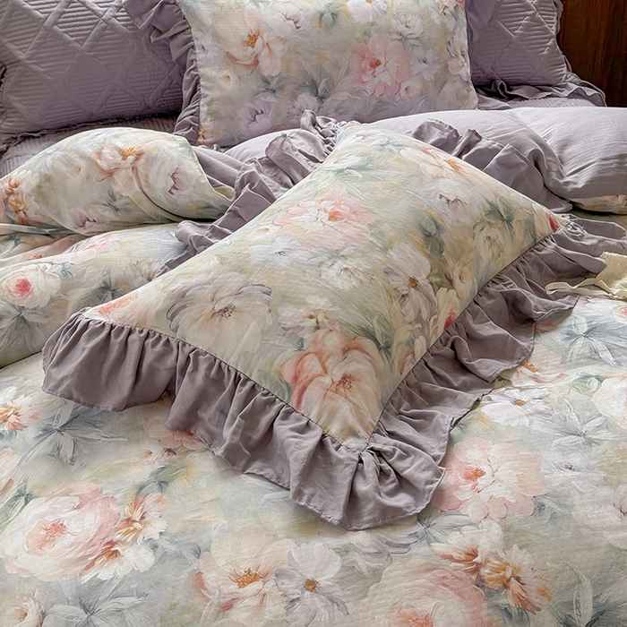 91家纺网 家纺一手货源 找家纺 胜权家纺 2025新款全棉纯棉数码印花双层纱床盖四件套 梵花紫梦