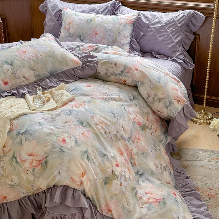 91家纺网 家纺一手货源 找家纺 胜权家纺 2025新款全棉纯棉数码印花双层纱床盖四件套 梵花紫梦