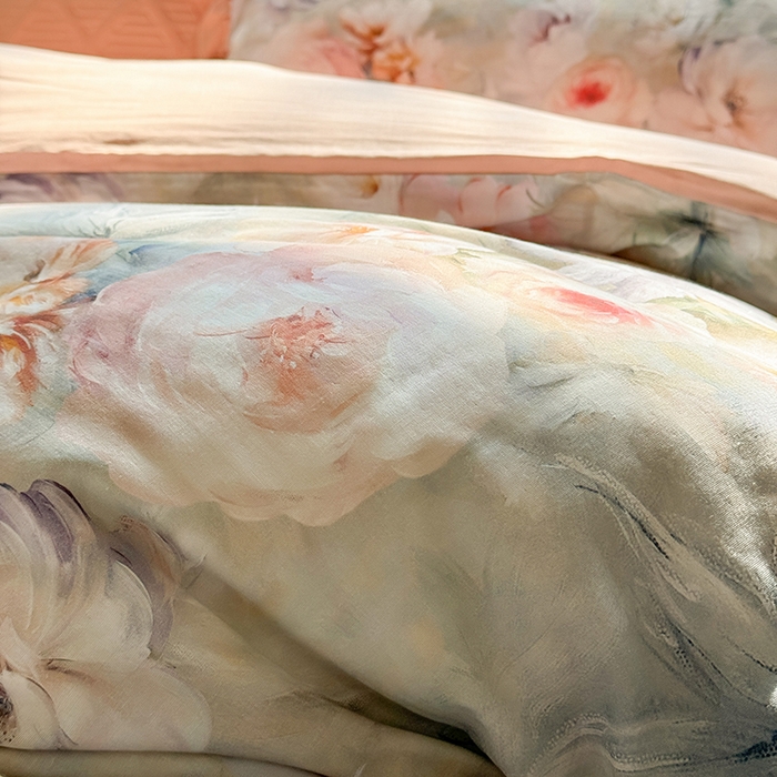 91家纺网 家纺一手货源 找家纺 胜权家纺 2025新款全棉纯棉数码印花双层纱床盖四件套 梵花粉梦