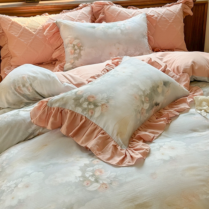 91家纺网 家纺一手货源 找家纺 胜权家纺 2025新款全棉纯棉数码印花双层纱床盖四件套 荷塘月色