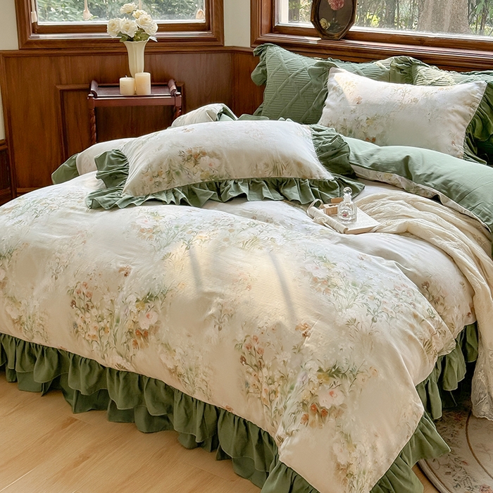 91家纺网 家纺一手货源 找家纺 胜权家纺 2025新款全棉纯棉数码印花双层纱床盖四件套 秘境花园