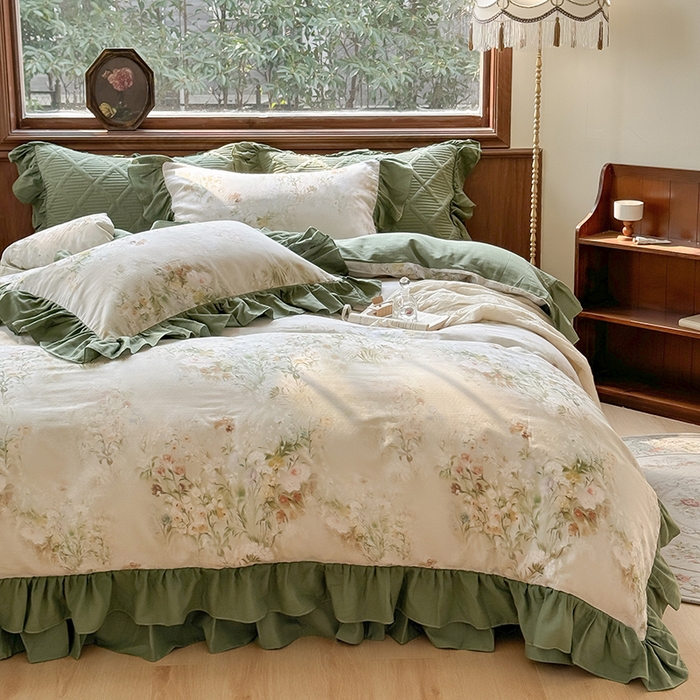 91家纺网 家纺一手货源 找家纺 胜权家纺 2025新款全棉纯棉数码印花双层纱床盖四件套 秘境花园