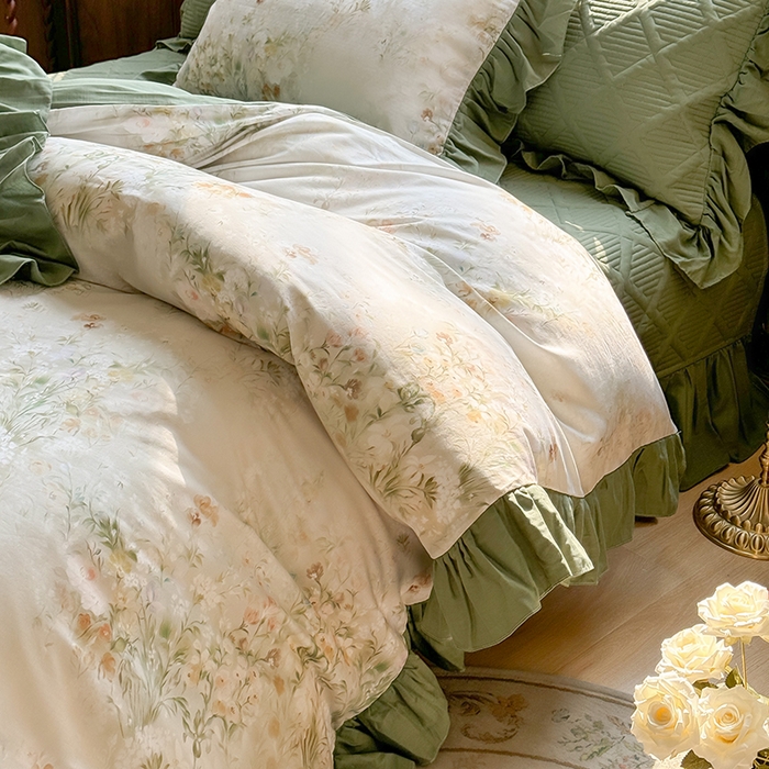 91家纺网 家纺一手货源 找家纺 胜权家纺 2025新款全棉纯棉数码印花双层纱床盖四件套 秘境花园