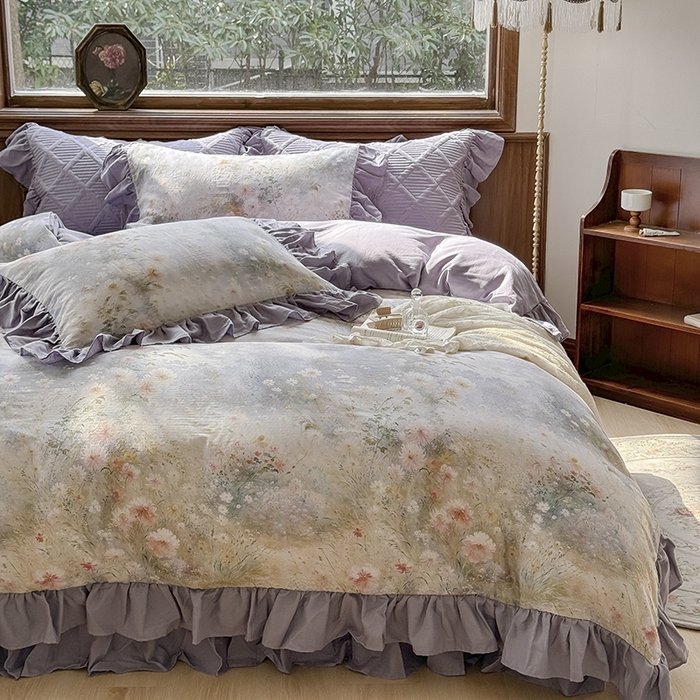 91家纺网 家纺一手货源 找家纺 胜权家纺 2025新款全棉纯棉数码印花双层纱床盖四件套 普罗旺斯