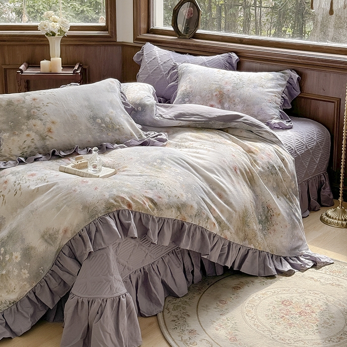 91家纺网 家纺一手货源 找家纺 胜权家纺 2025新款全棉纯棉数码印花双层纱床盖四件套 普罗旺斯