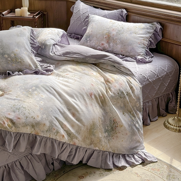 91家纺网 家纺一手货源 找家纺 胜权家纺 2025新款全棉纯棉数码印花双层纱床盖四件套 普罗旺斯