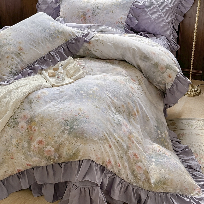 91家纺网 家纺一手货源 找家纺 胜权家纺 2025新款全棉纯棉数码印花双层纱床盖四件套 普罗旺斯