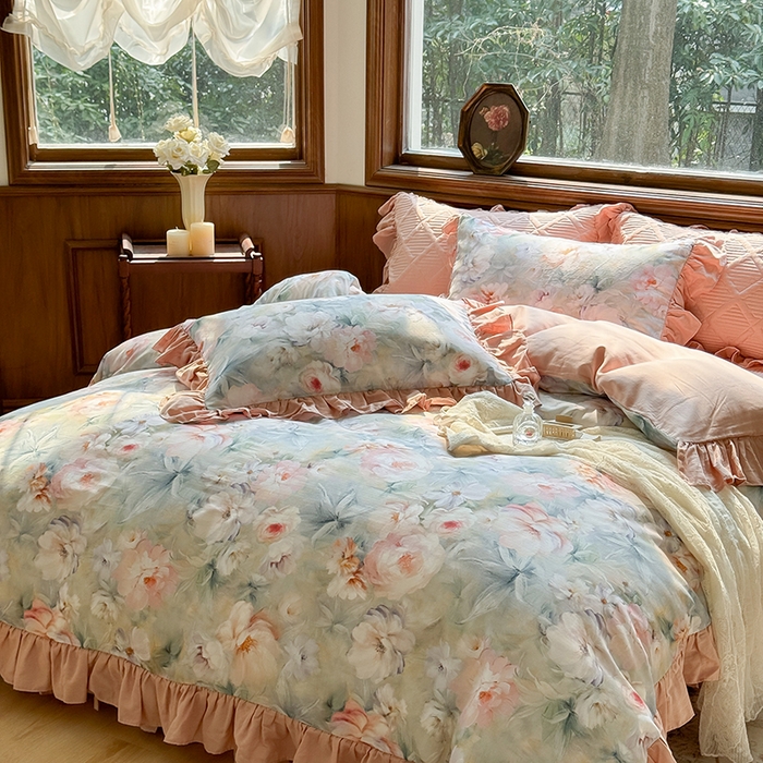 91家纺网 家纺一手货源 找家纺 胜权家纺 2025新款全棉纯棉数码印花双层纱床盖单品 梵花粉梦