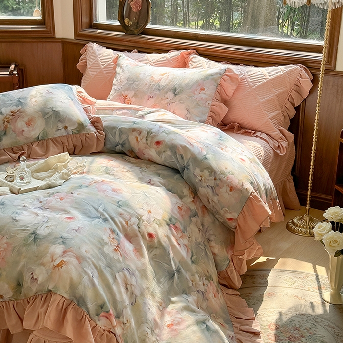 91家纺网 家纺一手货源 找家纺 胜权家纺 2025新款全棉纯棉数码印花双层纱床盖单品 梵花粉梦