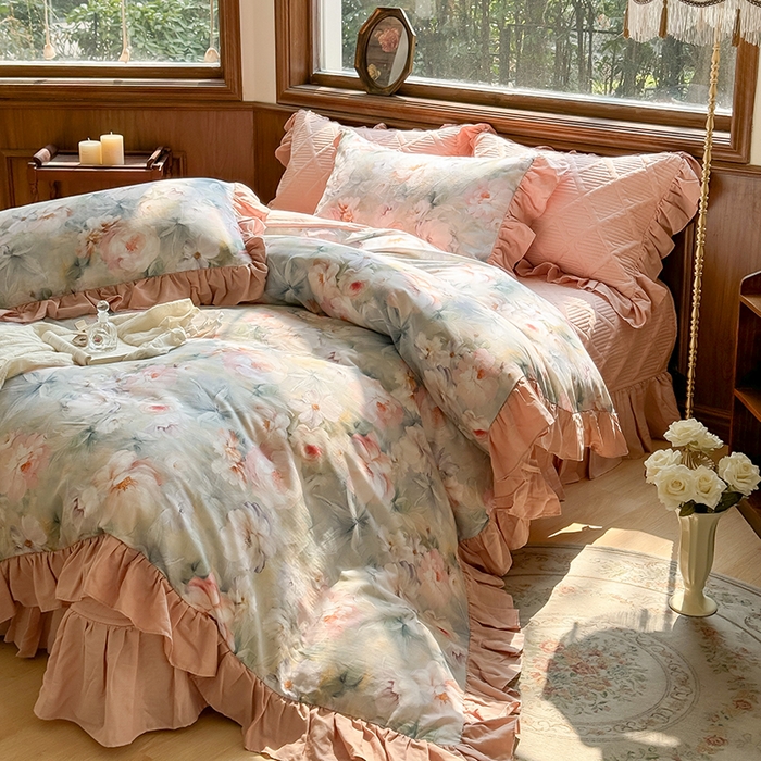 91家纺网 家纺一手货源 找家纺 胜权家纺 2025新款全棉纯棉数码印花双层纱床盖单品 梵花粉梦