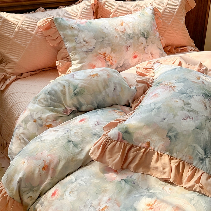 91家纺网 家纺一手货源 找家纺 胜权家纺 2025新款全棉纯棉数码印花双层纱床盖单品 梵花粉梦