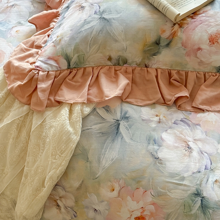 91家纺网 家纺一手货源 找家纺 胜权家纺 2025新款全棉纯棉数码印花双层纱床盖单品 梵花粉梦