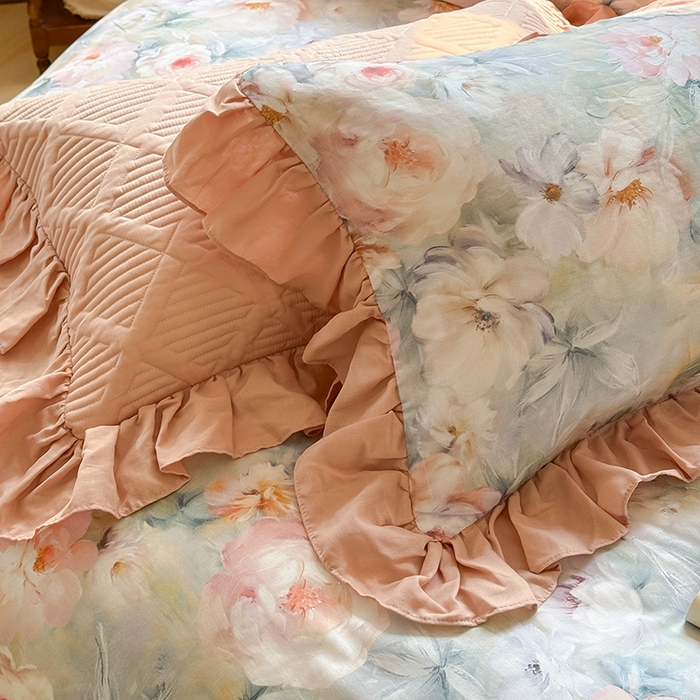 91家纺网 家纺一手货源 找家纺 胜权家纺 2025新款全棉纯棉数码印花双层纱床盖单品 梵花粉梦