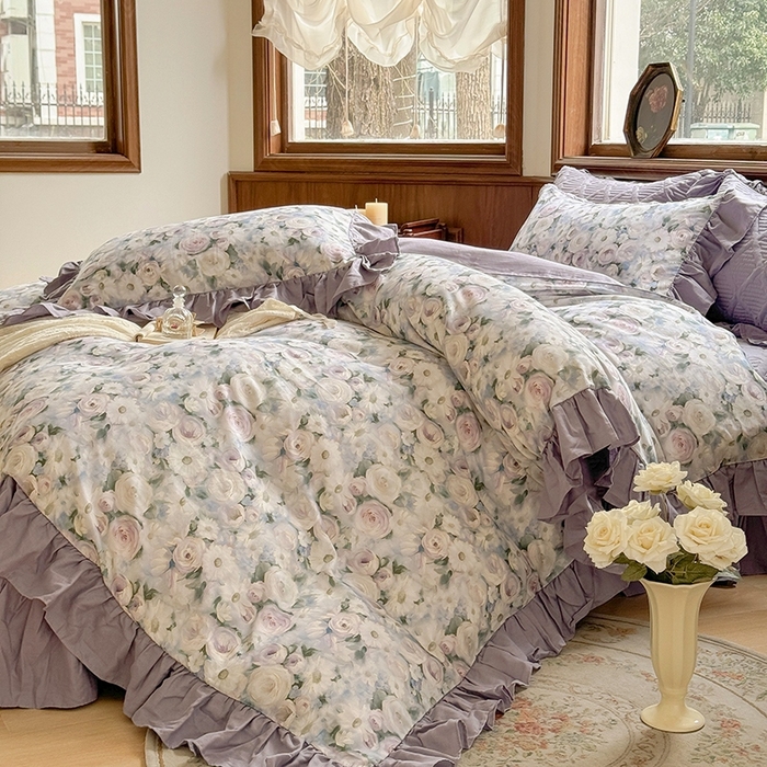 91家纺网 家纺一手货源 找家纺 胜权家纺 2025新款全棉纯棉数码印花双层纱床盖单品 玫瑰花语