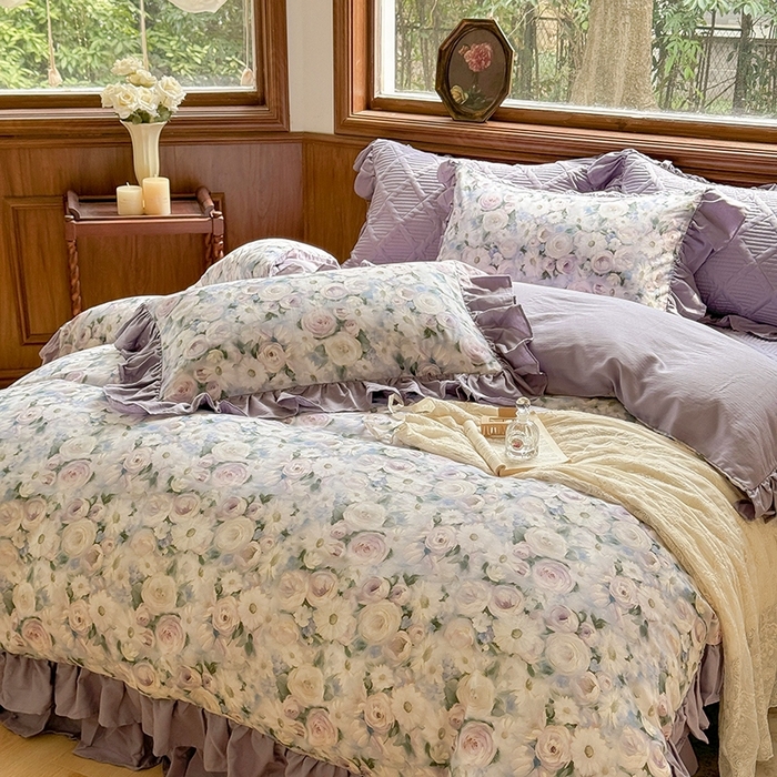 91家纺网 家纺一手货源 找家纺 胜权家纺 2025新款全棉纯棉数码印花双层纱床盖单品 玫瑰花语